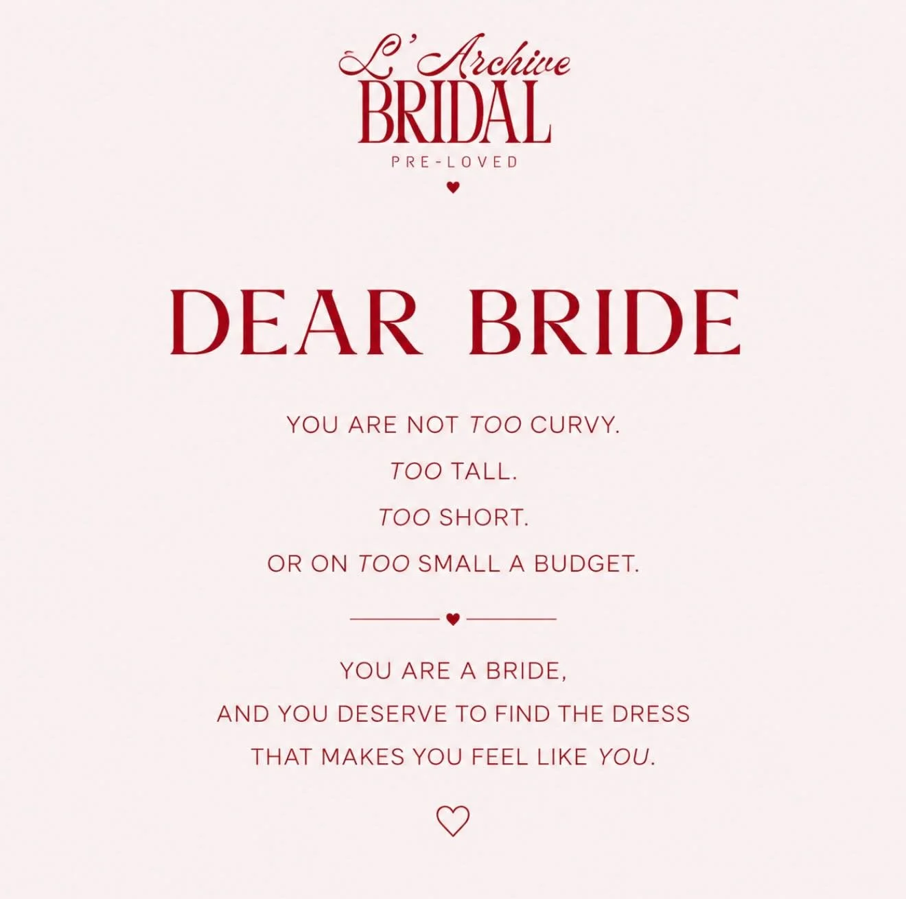 At L&rsquo;Archive Bridal, we believe every bride deserves to find a dress they loves, regardless of size, style or budget 🤍