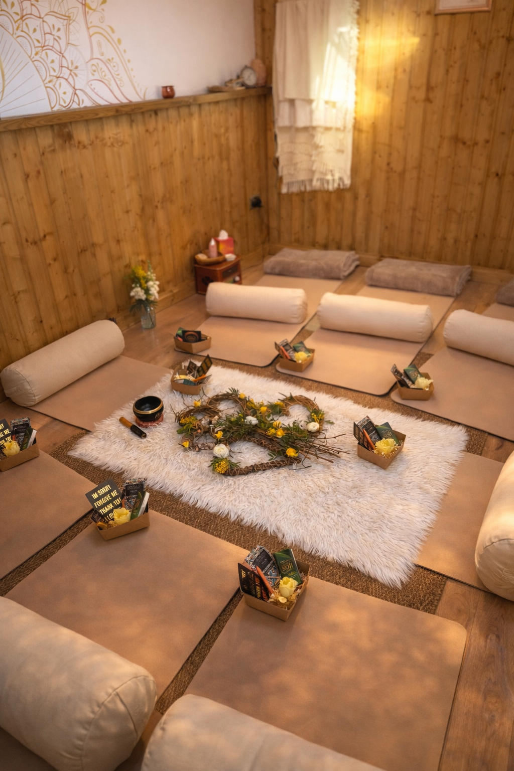 A cozy meditation or yoga room with beige mats and bolsters arranged in a circle around a fluffy white rug, decorated with a floral wreath in the center. Small baskets with items are placed in front of each mat, and a small wooden shelf with decorative items and a vase of flowers is on the wall. The room has warm wooden paneling and soft light coming through a curtained window.