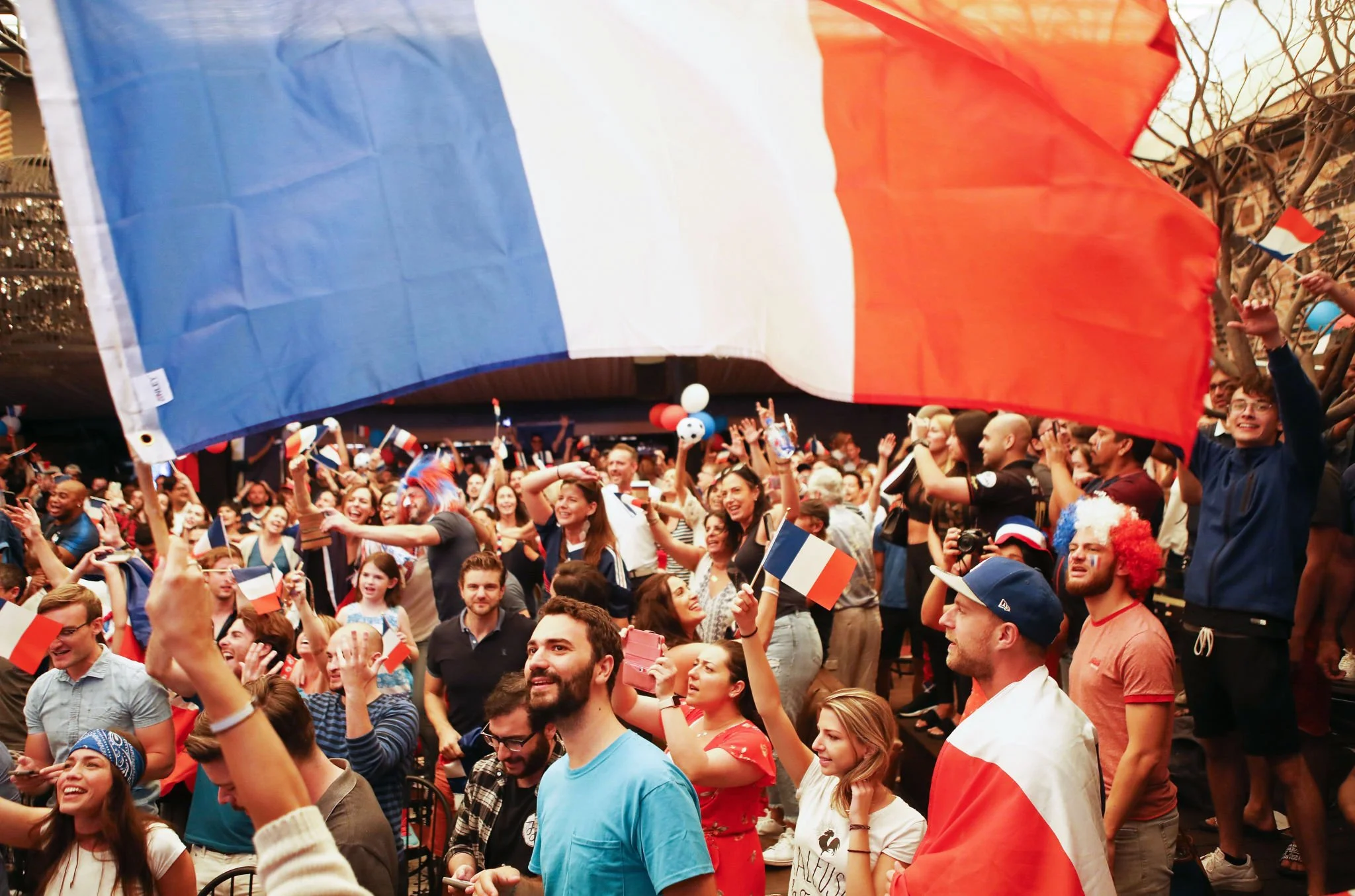 Crowd of people celebrating, many waving French and Dutch flags, with a large French flag draped overhead.