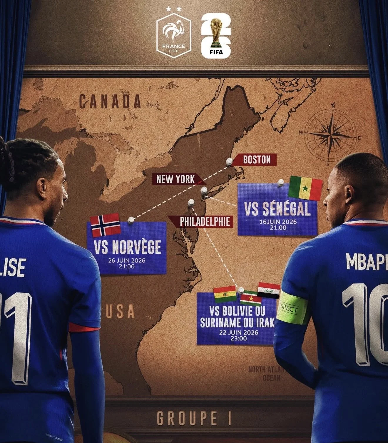 A poster showing a soccer match schedule for the French national team against Senegal, Norway, Bolivia, and Iraq, with dates and times, set against a map of North America. Two players in blue jerseys, one with the name 'MBAPPE' and the other with the name 'ALISE,' stand on either side of the poster, facing it.