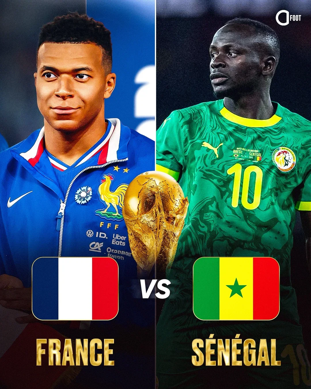 An image of a French soccer player on the left and a Senegalese soccer player on the right, with the World Cup trophy in the center. The French player is wearing a blue team jacket with the French flag and emblem, while the Senegalese player is wearing a green jersey with yellow accents and the Senegalese flag. The text shows France versus Senegal, indicating a match between these teams.