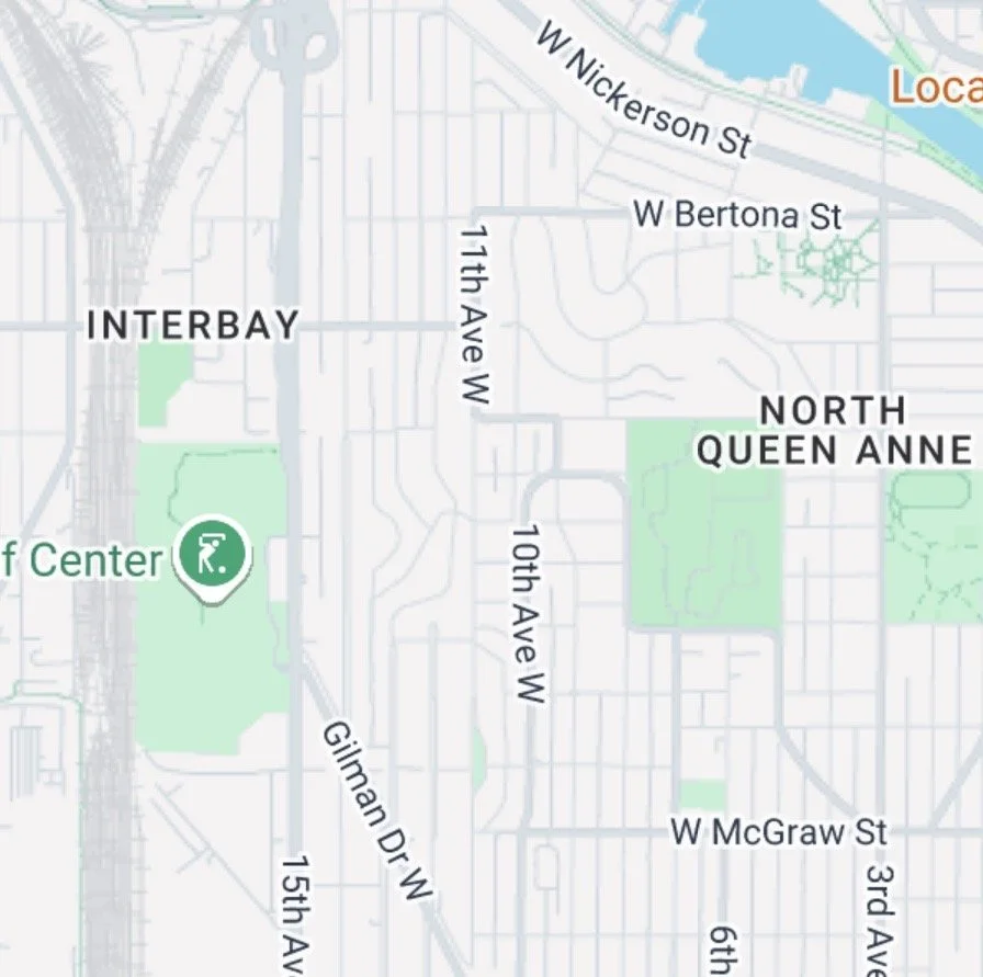 Map showing parts of North Queen Anne neighborhood, Interbay, and nearby streets in Seattle, including W Nickerson St, W Bertona St, 11th Ave W, 10th Ave W, and nearby parks.