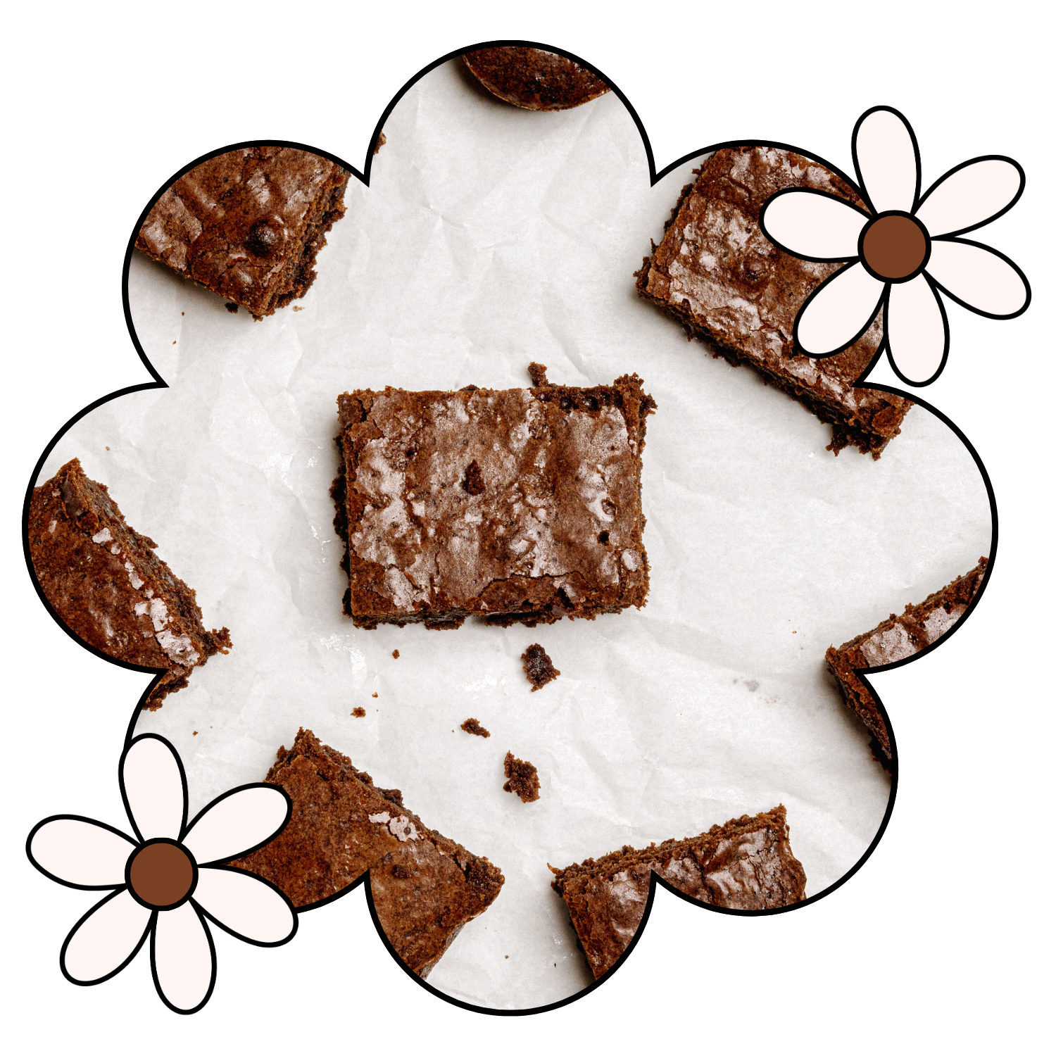 Close-up of chocolate brownies on white parchment paper, some brownies are cut into smaller pieces, with a decorative daisy graphic around the edges.