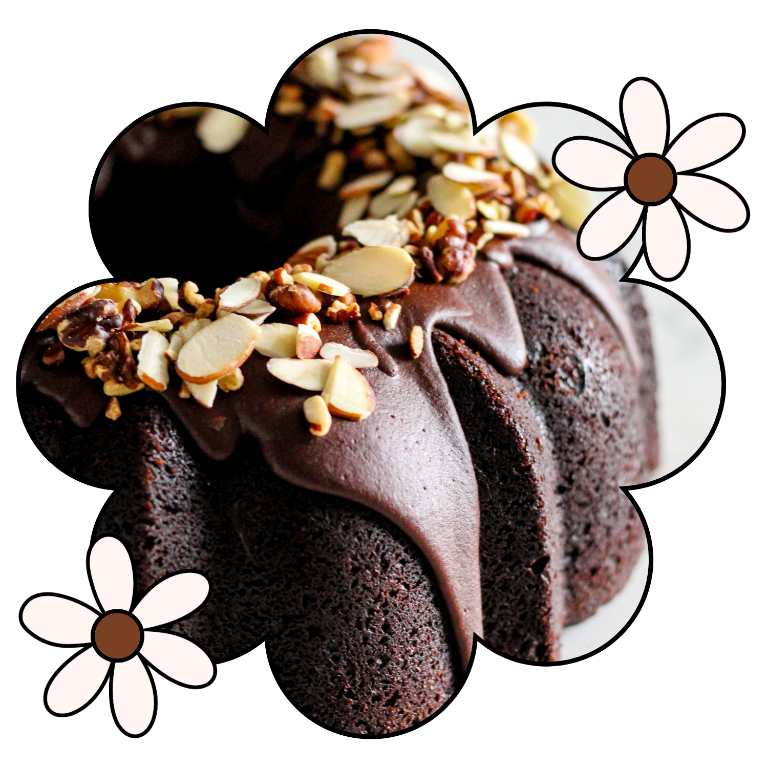 Chocolate cake with chocolate frosting and almond slices on top, decorated with white flower illustrations.