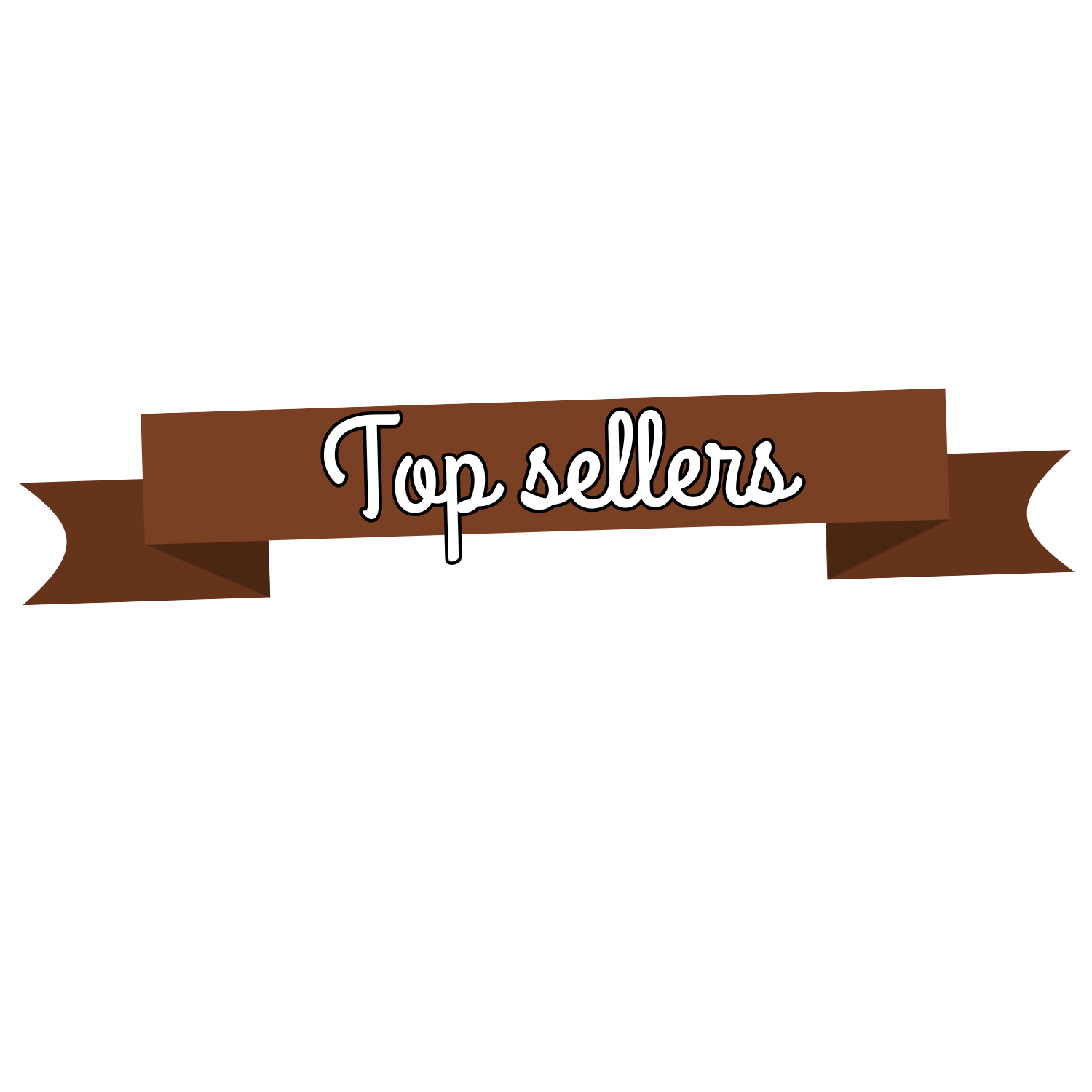 Brown ribbon banner with white text that says 'Top sellers'