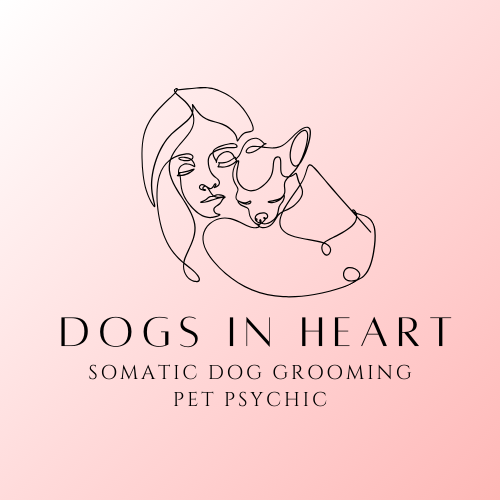 Line art illustration of a woman and a dog, with the text "Dogs in Heart" and mentions of somatic dog grooming and pet psychic services.