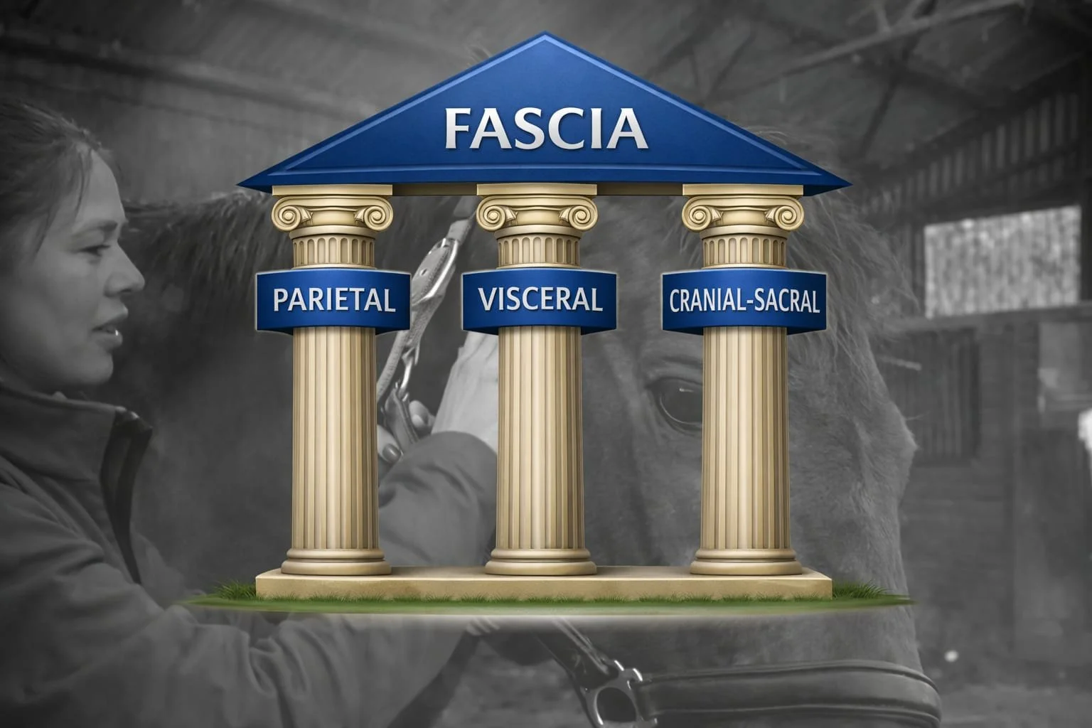 Equine osteopathy diagram showing fascia as a roof supported by three pillars: parietal, visceral, and cranial-sacral, overlaid on a photo of Helen Thornton, applying osteopathic principles to treating a horse.