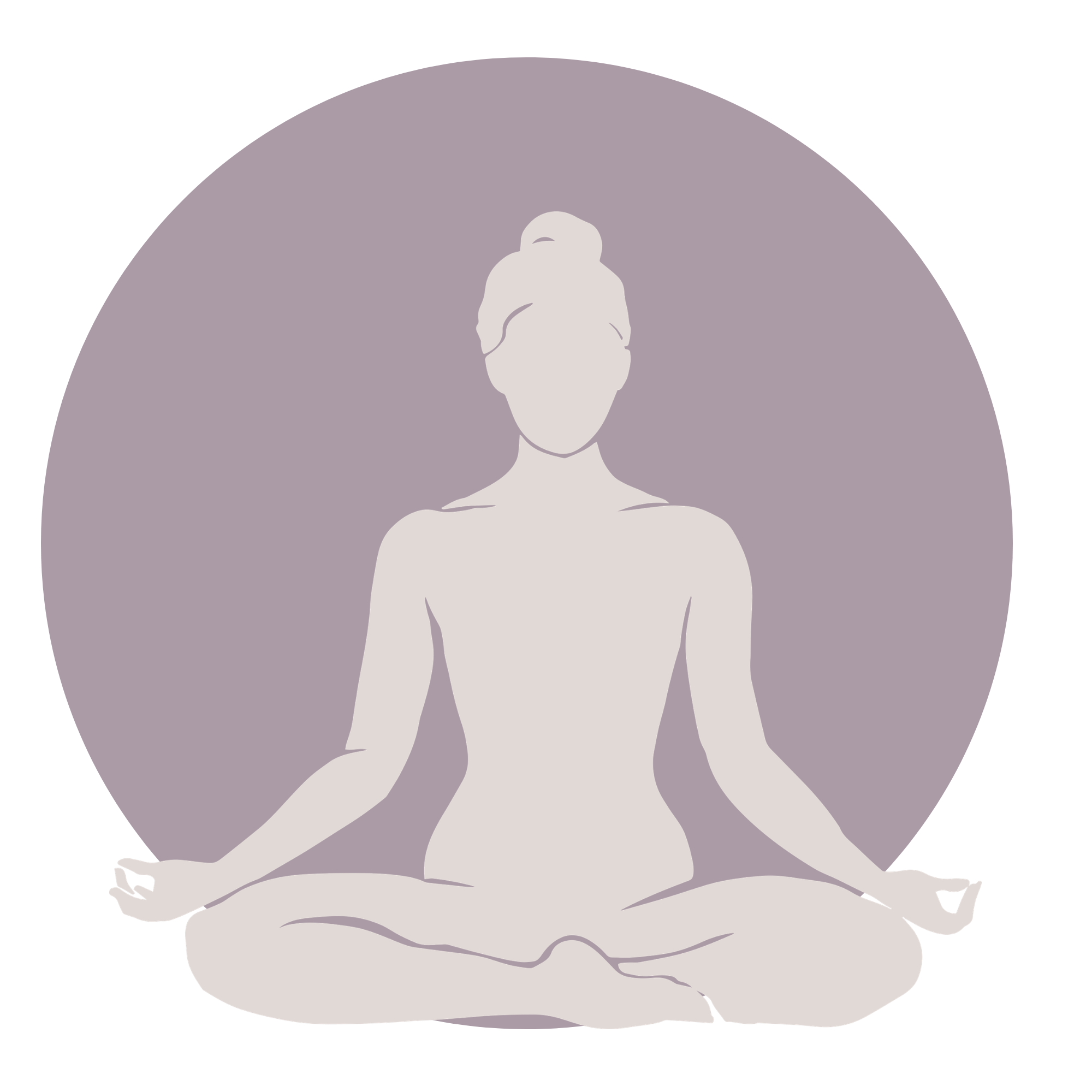 Abstract illustration of a seated woman in meditation posture with crossed legs and hands resting on knees, set against a circular purple background.