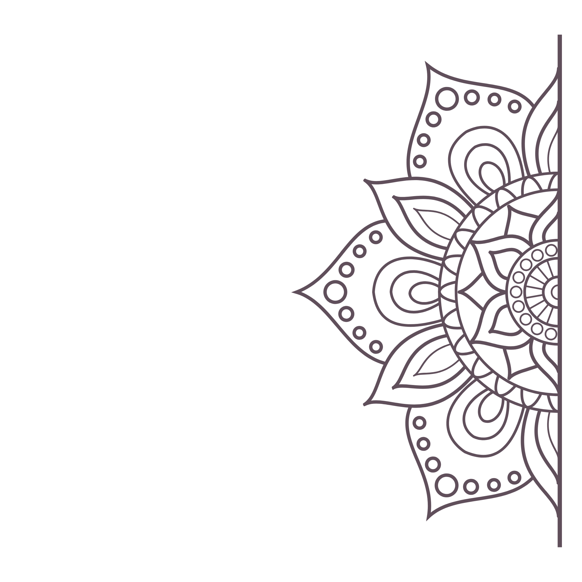 Black mandala design with purple outline on right side of image.