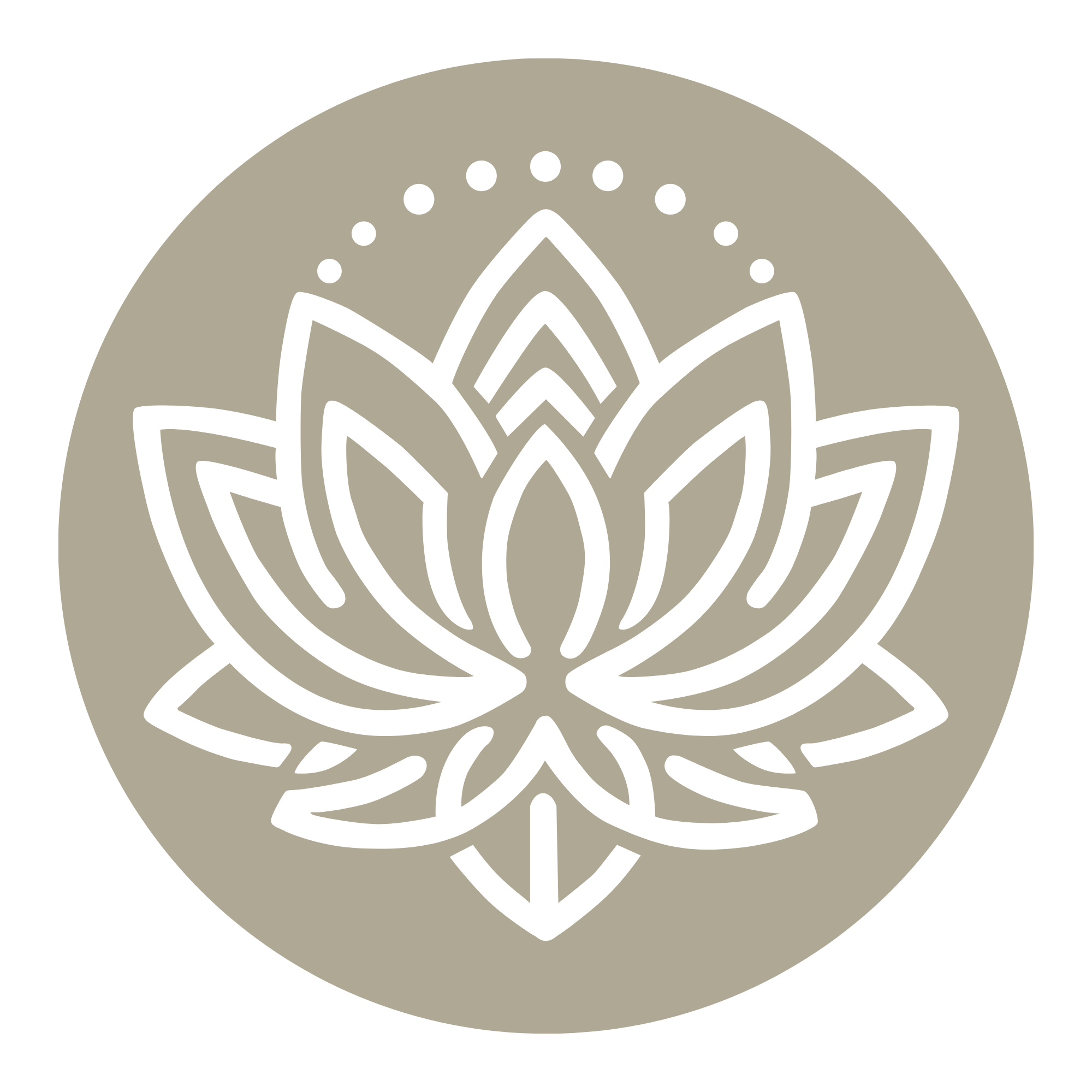 Gray circle with a white geometric pattern resembling a flower or mandala design inside.