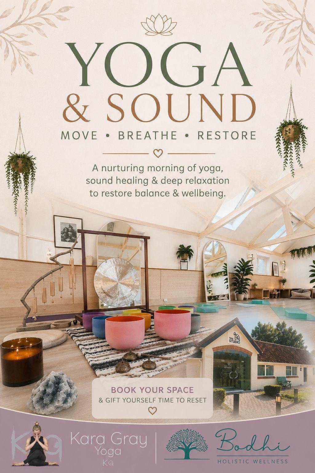 Event poster promoting a morning yoga and sound healing session with plants, colorful singing bowls, and a gong in a bright, airy studio space.
