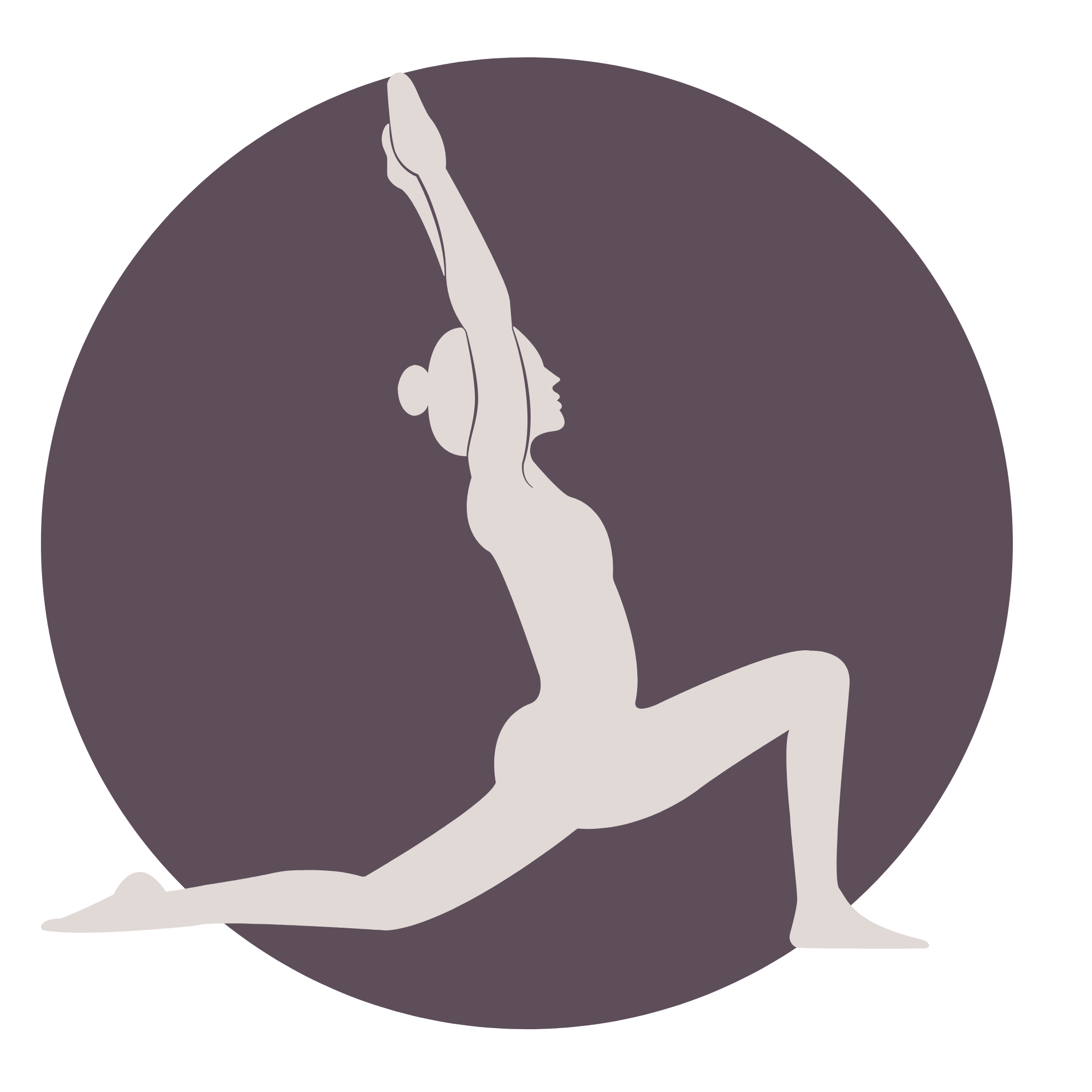 Minimalist illustration of a woman with dark hair, eyes closed, finger pointing up, inside a dark circle.