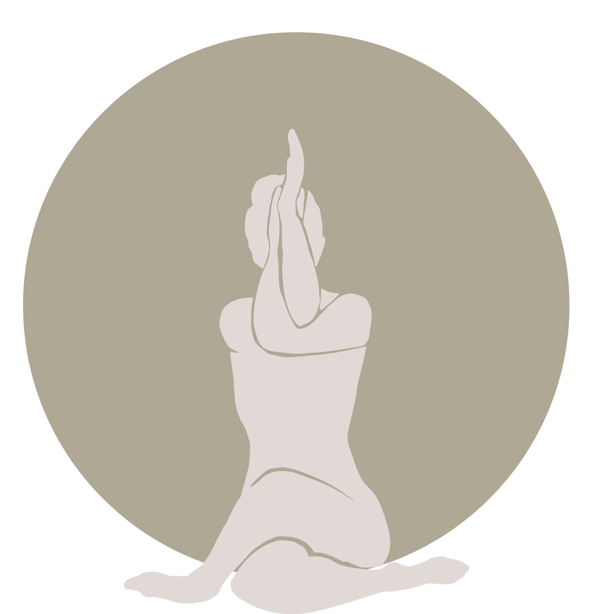 Minimalist illustration of a person sitting in a cross-legged meditation pose, with hands pressed together in a prayer position, against a circular beige background.