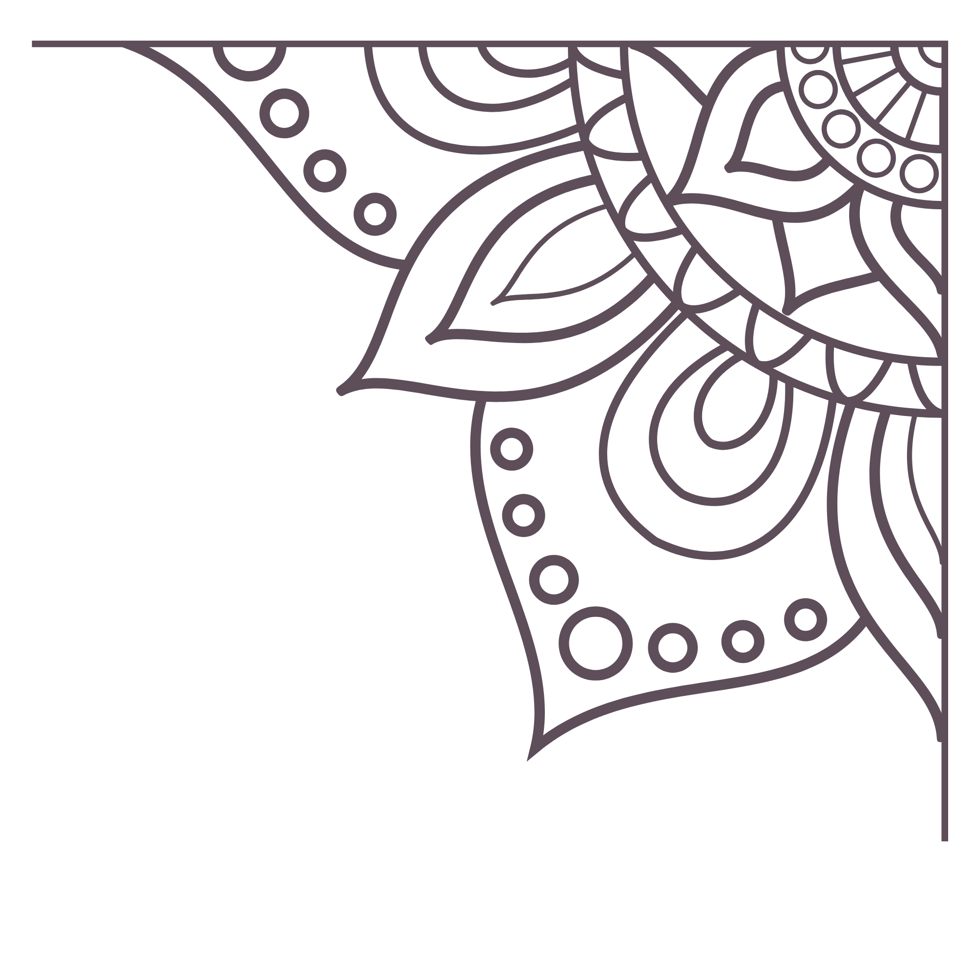 A detailed line art coloring page featuring floral and geometric patterns, with a corner design.