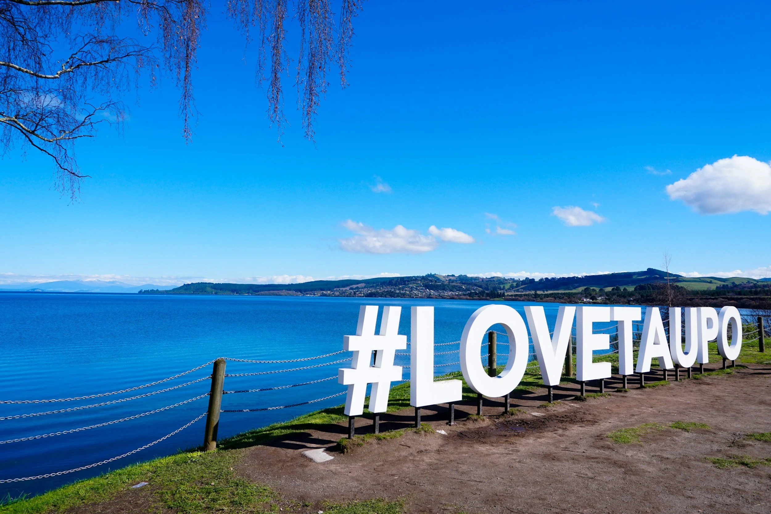 Large white hashtag sign reading '#LOVETAUP' along a lakeshore under a bright blue sky with a few clouds, with a tree branch visible in the top left corner, green grass, and a distant hilly shoreline across the water.