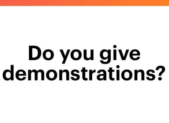 Graphic text reading 'Do you give demonstrations?' on a clean white and warm beige background for the Ask Michaela somatic sex coaching blog.