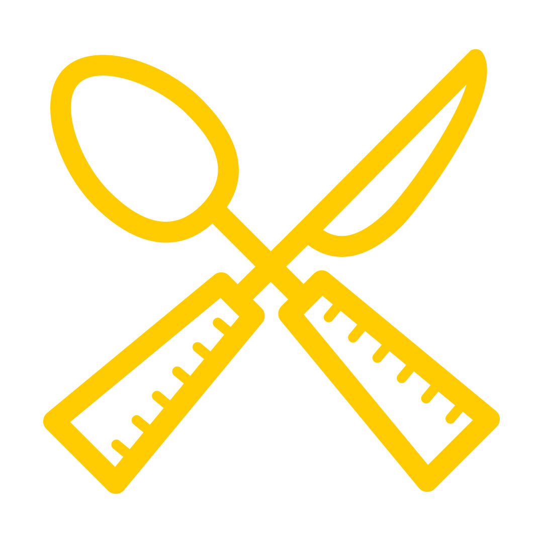 Myllyrannan keltainen logoikoni jossa lusikka ja veitsi ristikkäin.