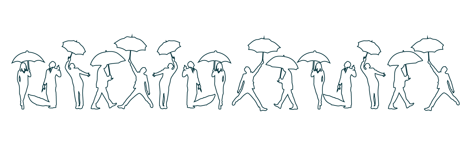 Line art of people walking with umbrellas