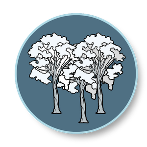 Illustration of three trees with cloud-like foliage inside a circular border