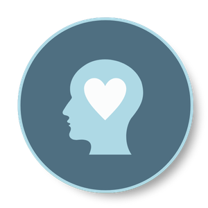 Silhouette of a person's head in profile with a heart inside the brain area, symbolizing love or compassion.
