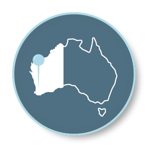 A stylized map of Australia with a blue dot near the northwest coast, in a circular design with a blue background.