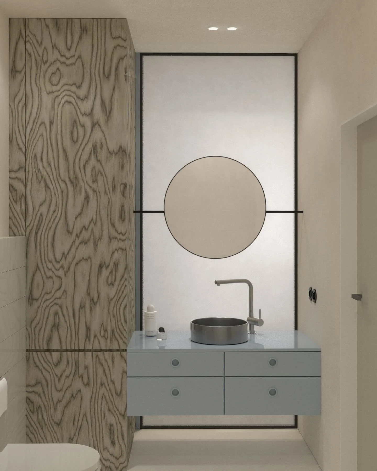 M&iacute;sto pln&eacute; stěny jsme koupelnu otevřeli denn&iacute;mu světlu.
To měn&iacute; atmosf&eacute;ru prostoru v&iacute;c než jak&yacute;koli materi&aacute;l.

Instead of a solid wall, we opened the bathroom to natural light.
Daylight changes 