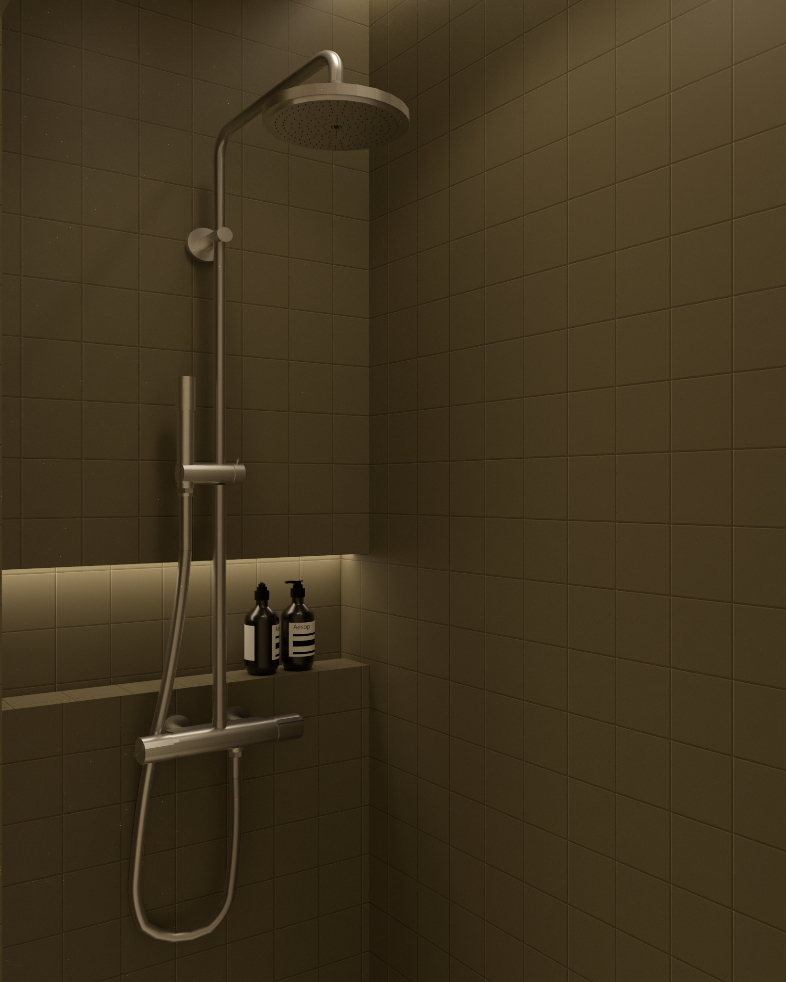 Minimalistický sprchový kout se zeleným obkladem a integrovanou podsvícenou nikou na sprchovou kosmetiku.
