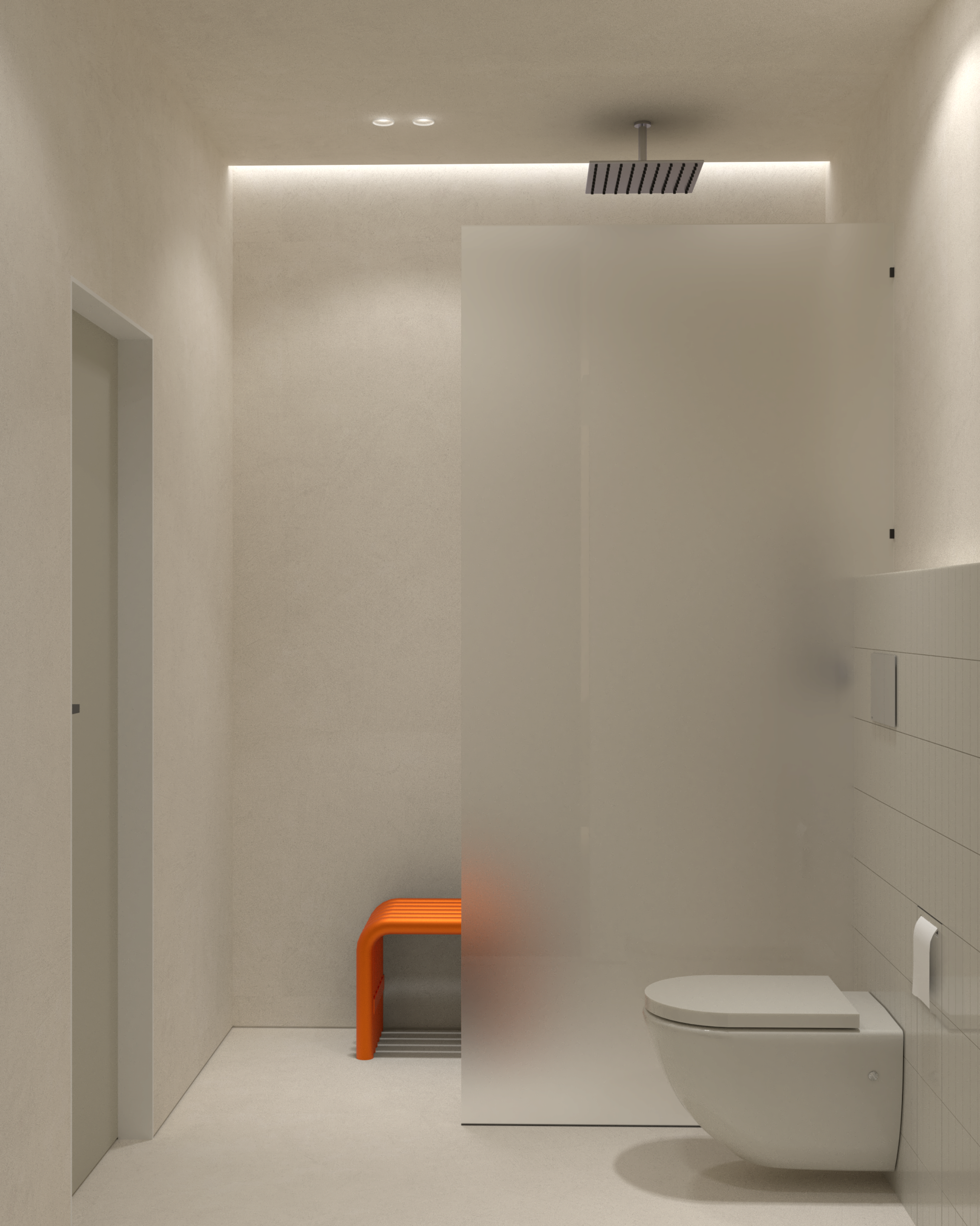 Minimalistická koupelna se sprchovým koutem odděleným polotransparentní příčkou z matného skla pro přísun denního světla. Noo.ma stool