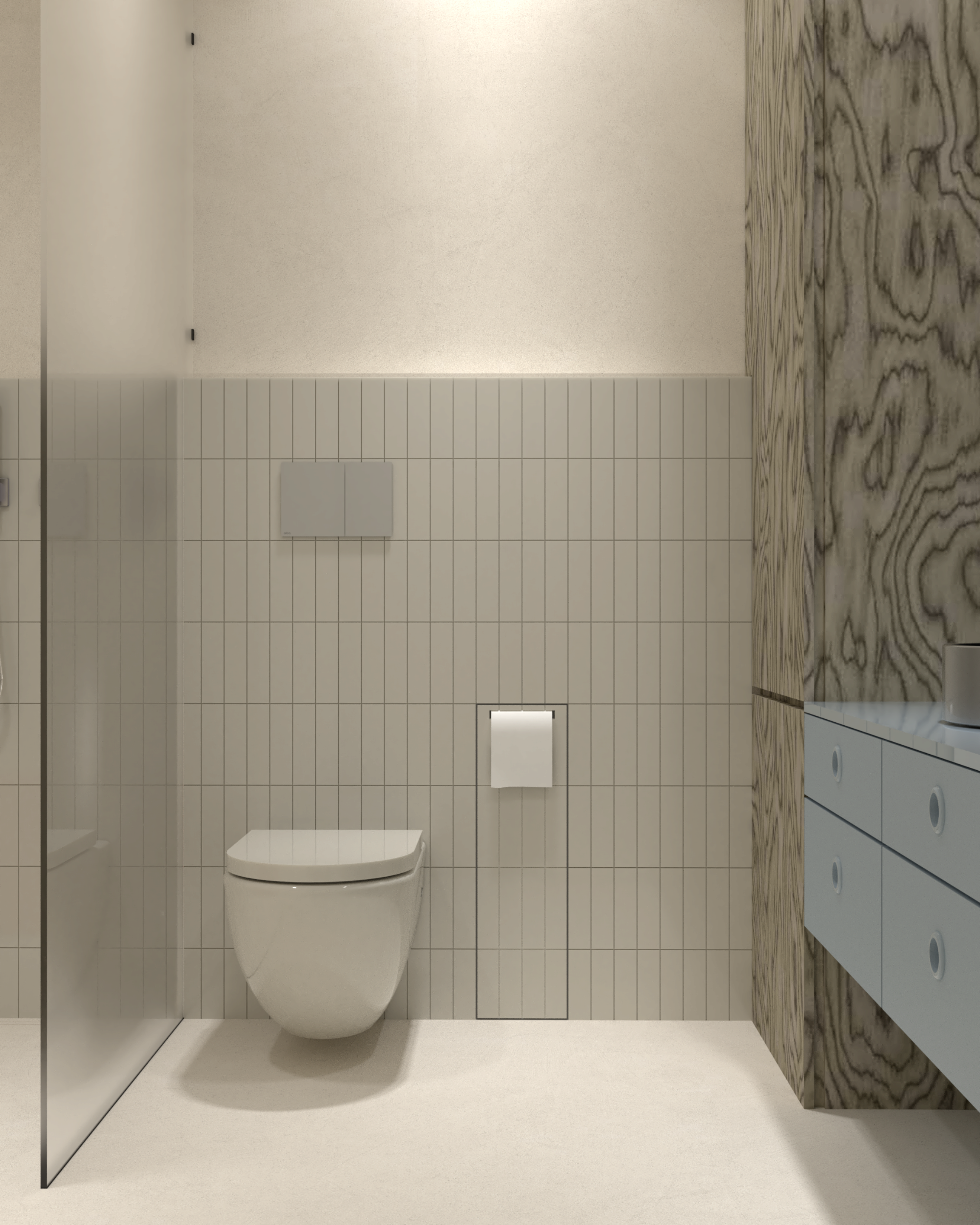 Závěsná toaleta v minimalistickém designu s vertikálním bílým obkladem a vestavěným splachovacím tlačítkem a toaletním papírem.