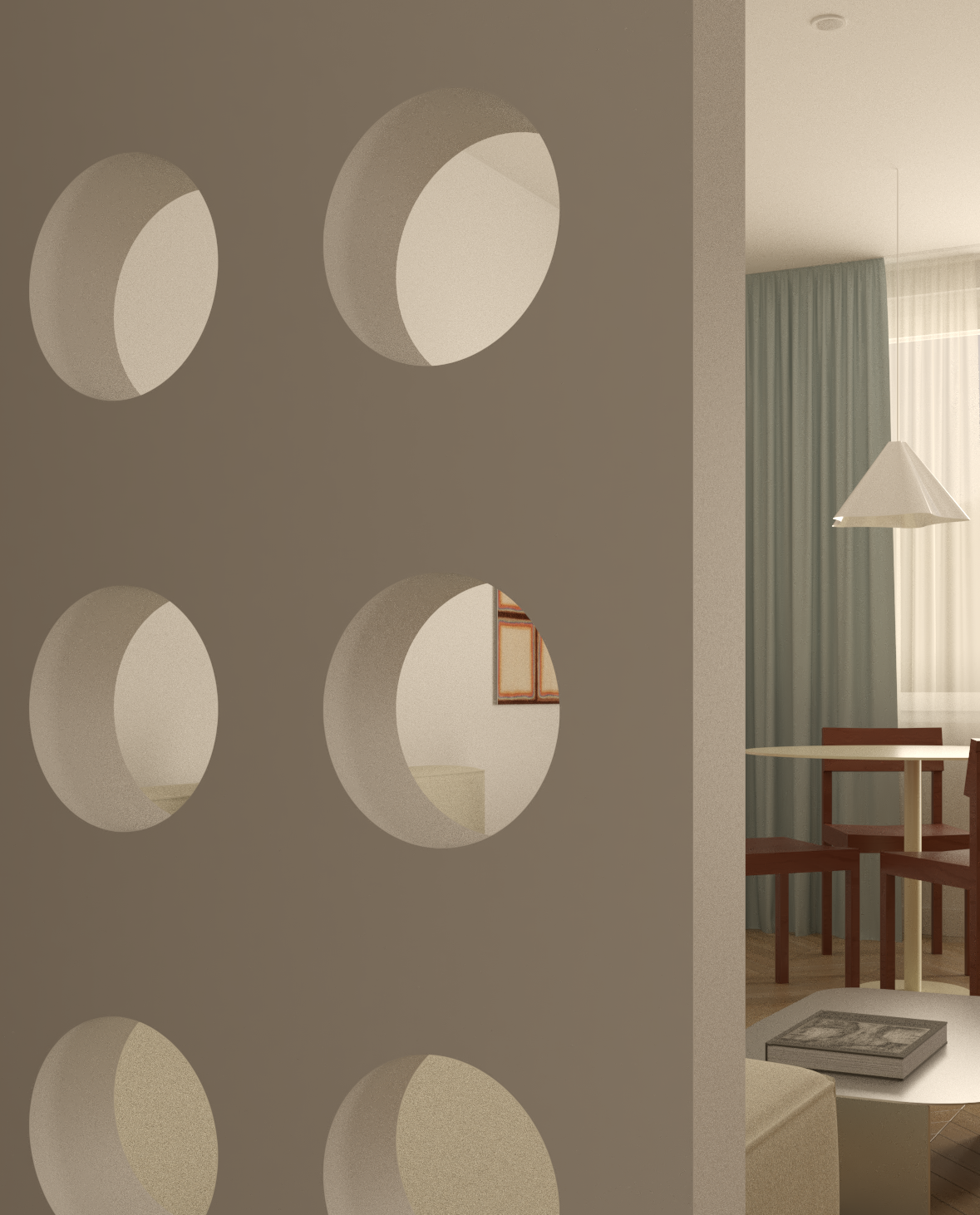 Minimalistický detail průhledu skrz geometrické kruhové otvory v dělicí stěně do obývacího pokoje a jídelny.