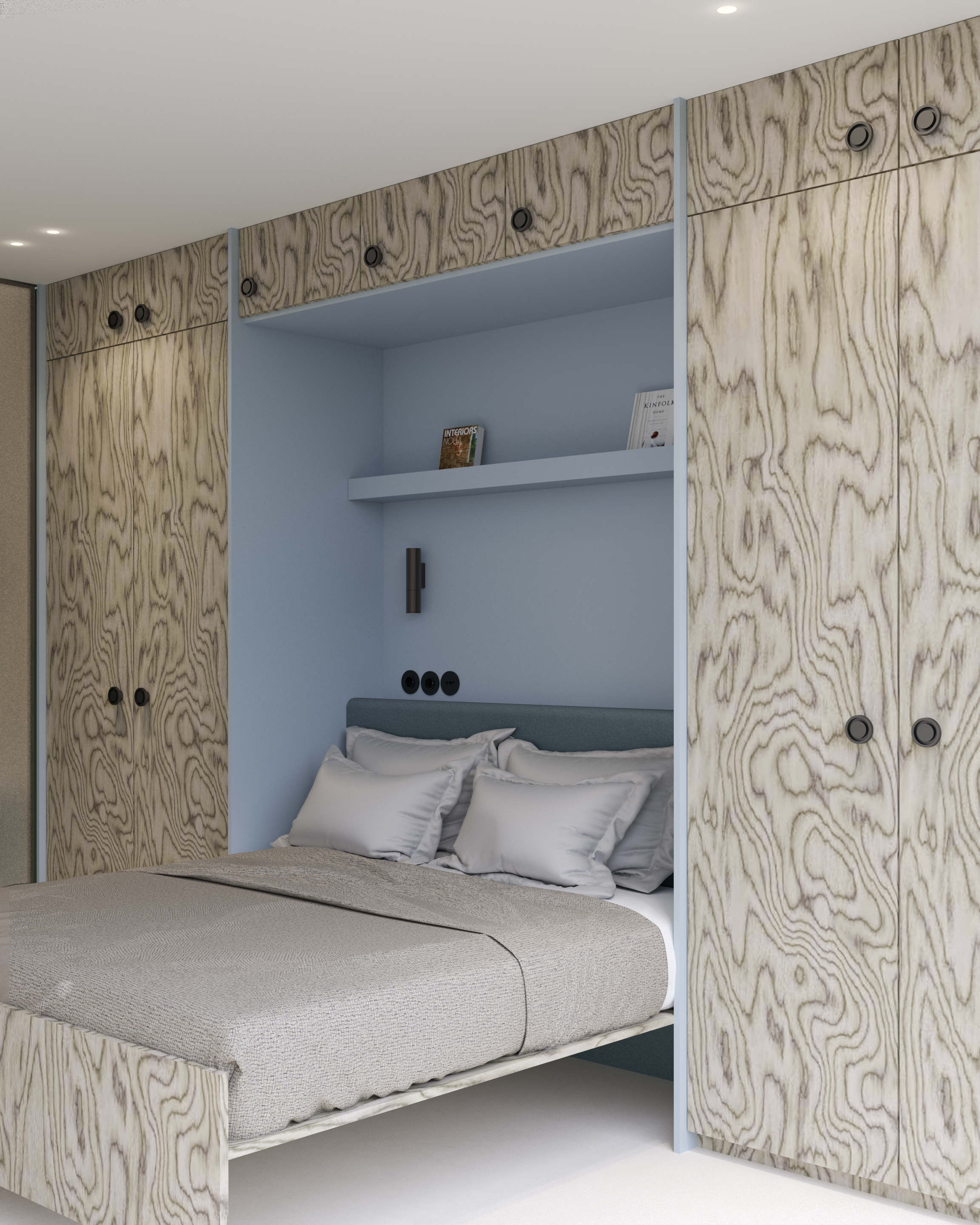 Moderní ložnice s integrovanou vyklápěcí postelí na míru zabudovanou do minimalistické stěny z divoké Alpi wood dýhy - Ettore Sottsass
