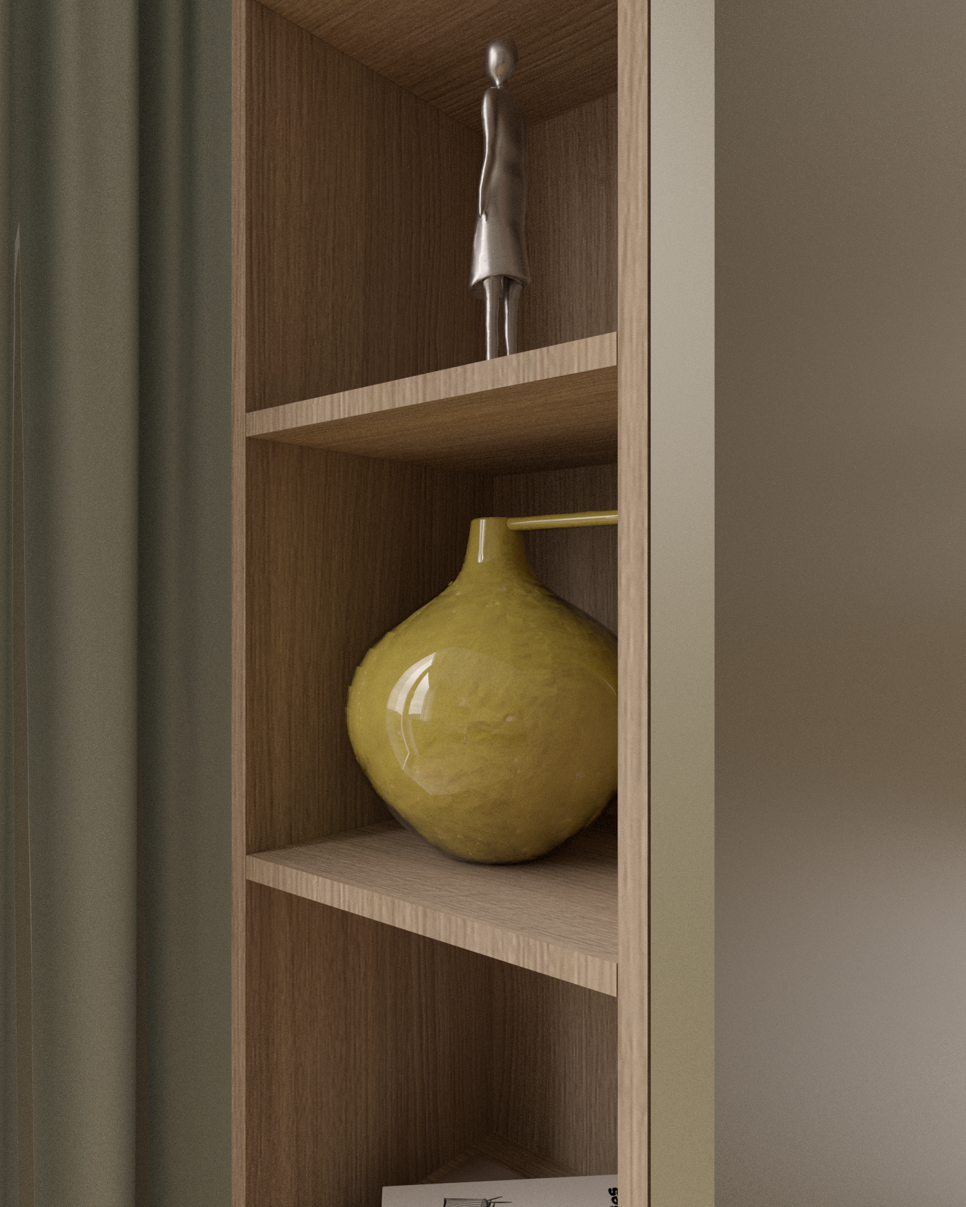 Detailní pohled na polici dýhované knihovny s minimalistickou uměleckou plastikou a designovou žlutou vázou.