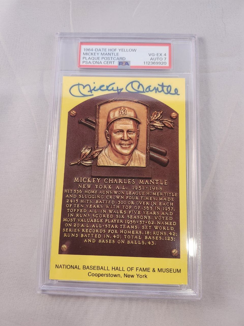 Mickey Mantle Signed Autographed Hall of Fame Yellow Plaque Postcard - PSA/DNA Authentic Yankees Legend