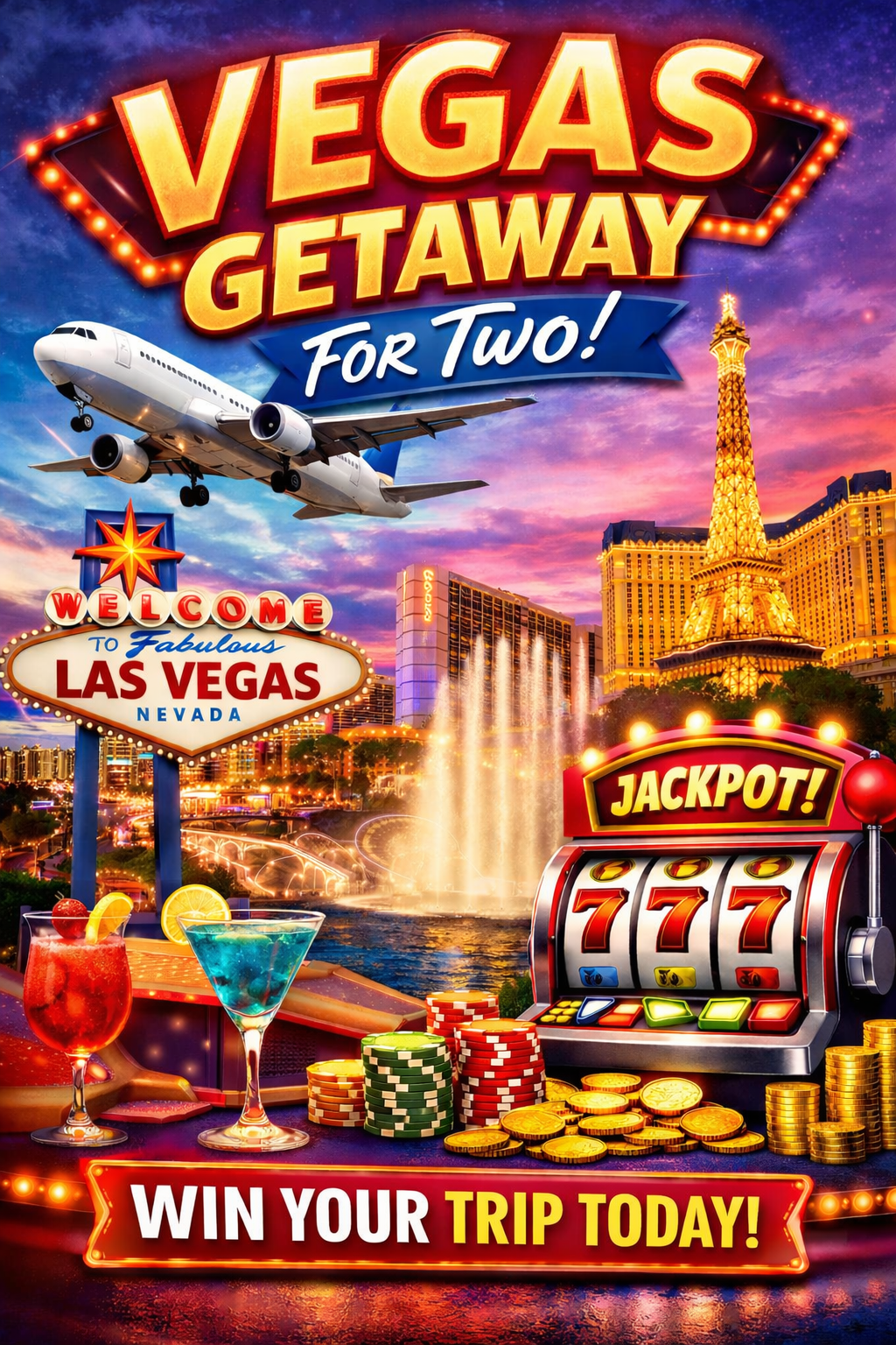 Bright, colorful promotional poster for a Vegas getaway contest, featuring a plane flying over the Las Vegas Strip with the Eiffel Tower replica, a fountain, slot machine with three sevens, cocktails, poker chips, coins, and the text 'Vegas Getaway for Two!' and 'Win Your Trip Today!'