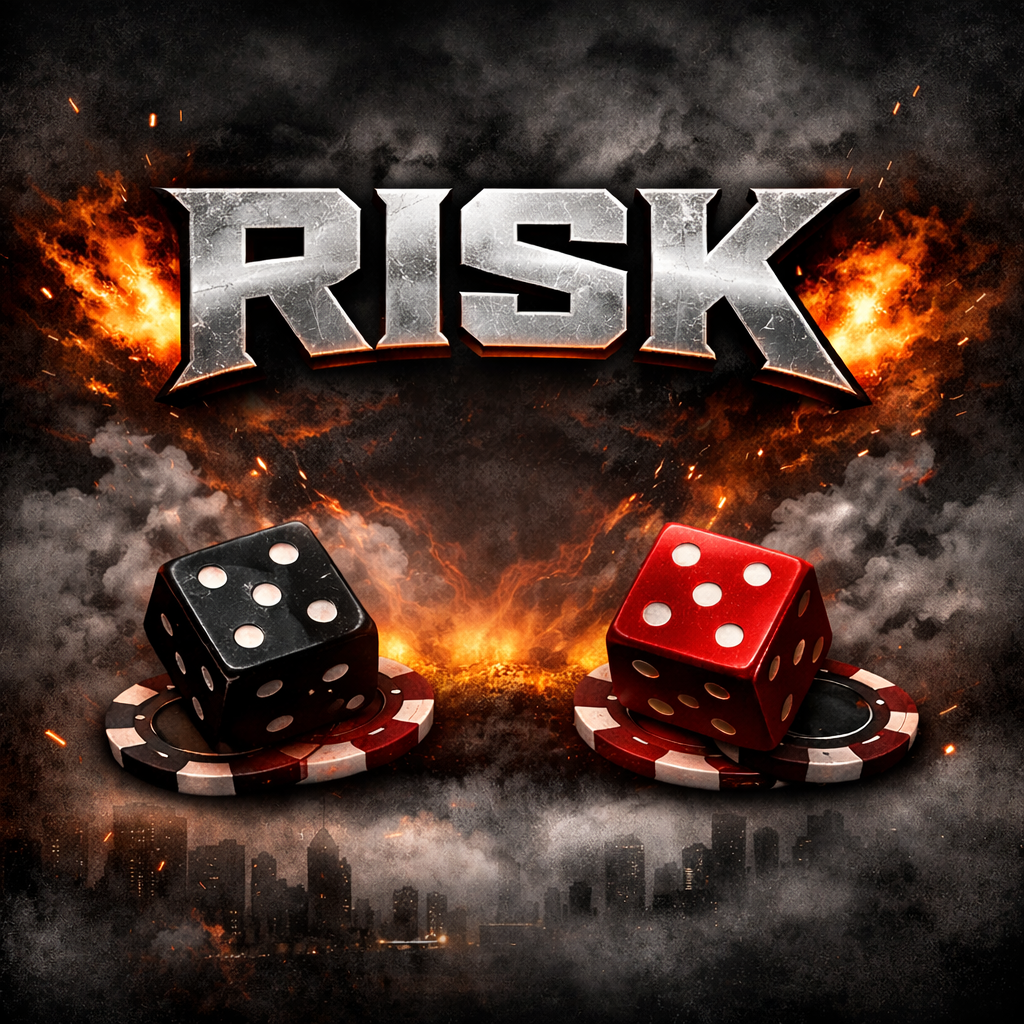 The image features the word "RISK" in bold, metallic letters with sparks and flames behind it. Below, there are two dice, one black and one red, placed on poker chips, against a smoky, fiery background with a faint city skyline at the bottom.