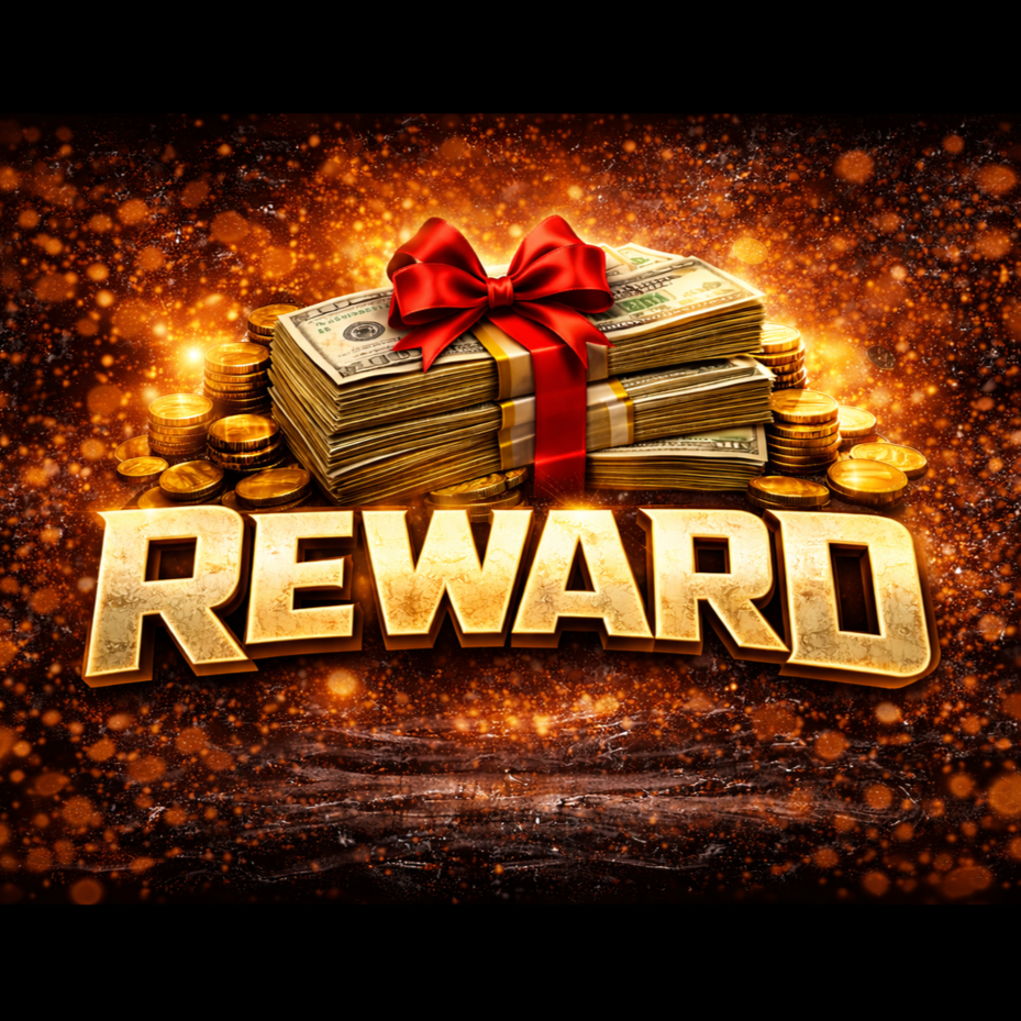 Stacks of dollar bills tied with a red ribbon, surrounded by gold coins, with the word 'REWARD' in large gold letters, all set against a sparkly, glowing background.