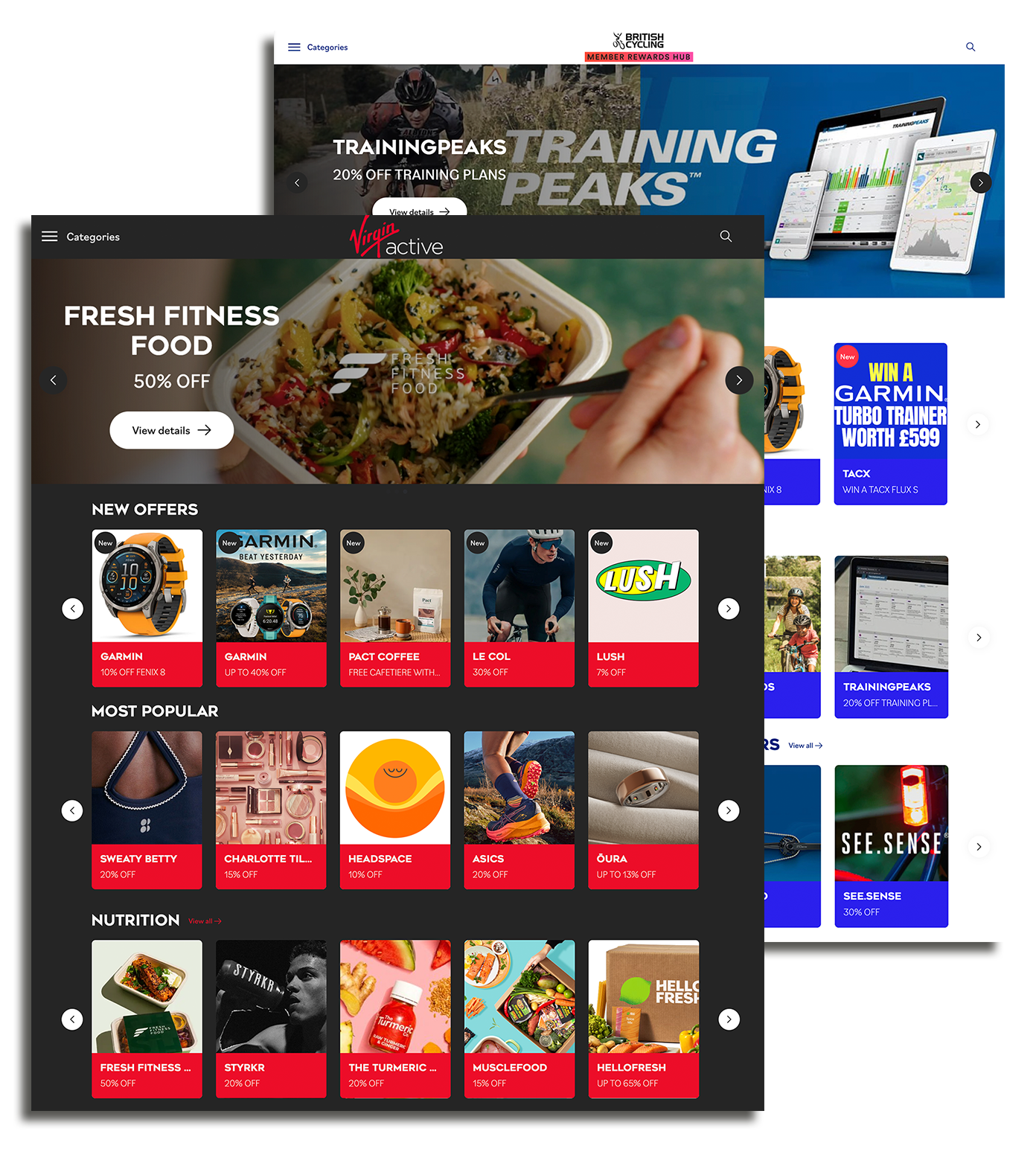 Screenshot of an online shopping website featuring fitness and nutrition products, including fitness watches, supplements, and food.