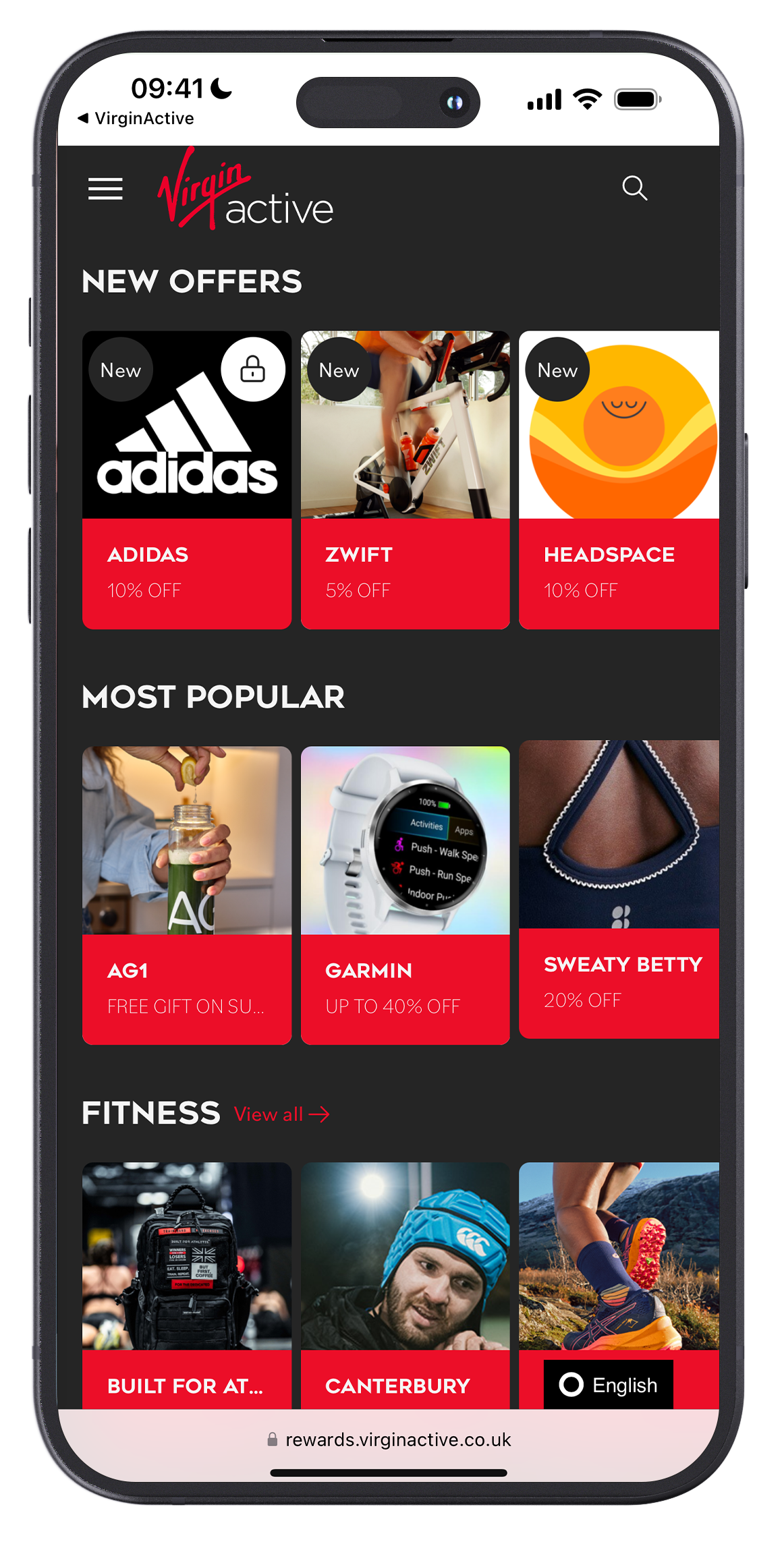 Screenshot of Virgin Active mobile app displaying offers on sportswear, fitness gadgets, and fitness apparel, with categories for 'New Offers', 'Most Popular', and 'Fitness'.