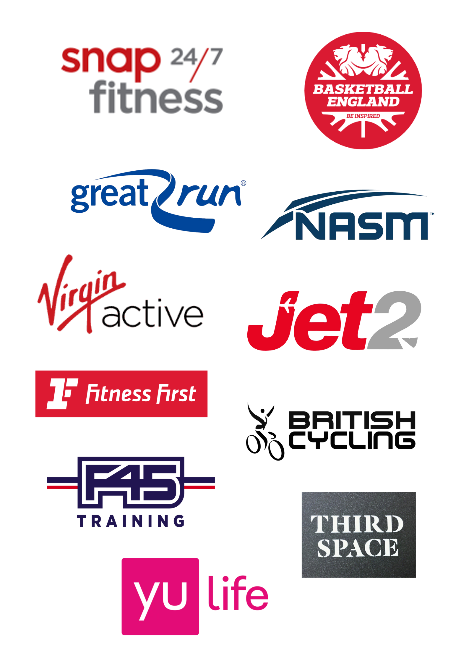 Collection of logos including Snap Fitness, Basketball England, Great Run, NASM, Virgin Active, Jet2, Fitness First, British Cycling, F45 Training, Third Space, and Yu Life.