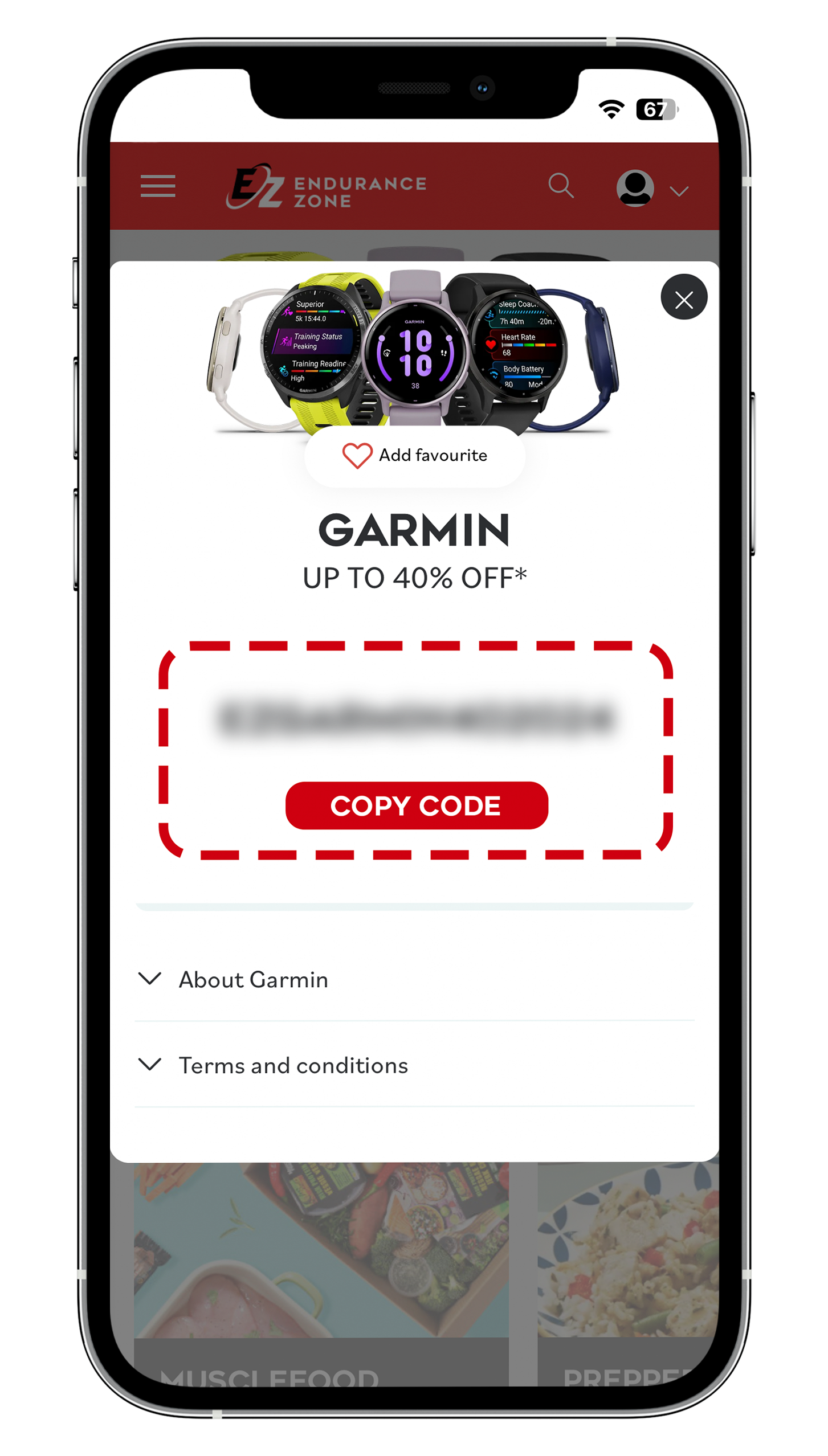 A mobile phone screen showing a Garmin product promotion with a discount code button, featuring smartwatches at the top and options to learn more about Garmin.