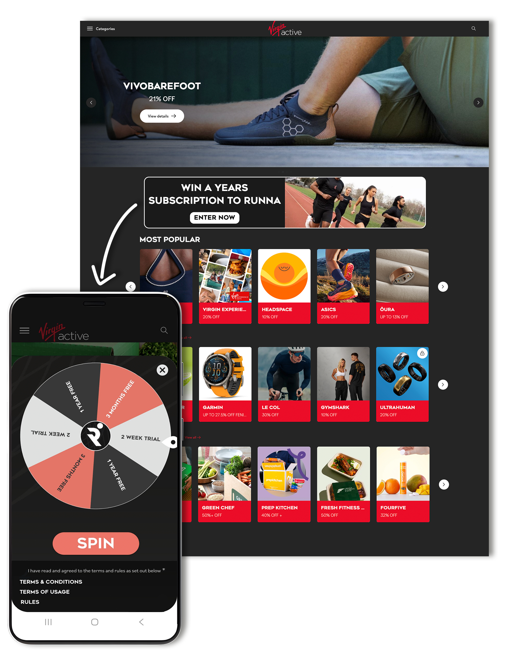 Screenshot of an online fitness store and a mobile app. The website features various workout clothes, gear, and accessories with discounts, and a banner offering a chance to win a subscription to Runners. The mobile app displays a spinning wheel game with different rewards, and a large SPIN button for participation.