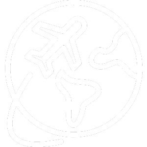 A white line drawing of an airplane flying around a simplified globe on a black background.