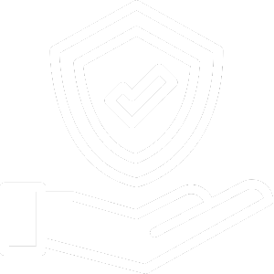 A shield with a check mark inside being held by an open hand, symbolizing protection or security.