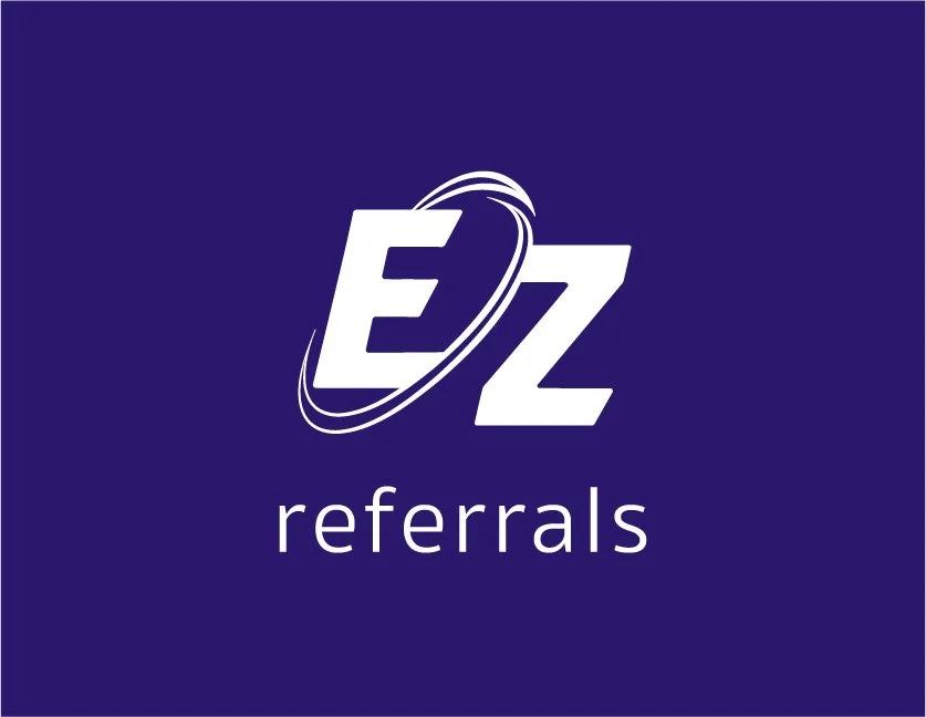 Logo with the words "EZ referrals" on a purple background.