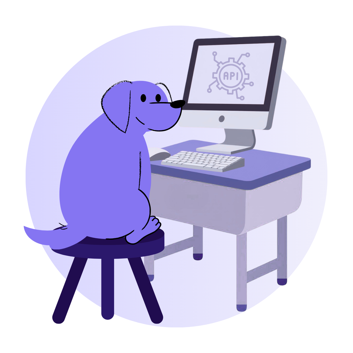 Cartoon illustration of a purple dog sitting on a stool in front of a computer with an API icon on the screen.