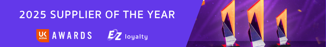 Banner announcing 2025 Supplier of the Year awards, featuring UK Active and EZ Loyalty logos and three glass awards.
