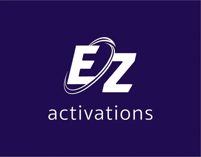 EZ Activations logo with the word 'EZ' in bold white letters and 'activations' written below on a dark purple background, with a stylized orbit around the 'EZ'.
