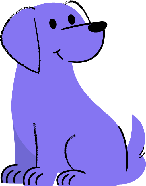 A cartoon purple dog sitting with a happy expression, facing slightly to the right.