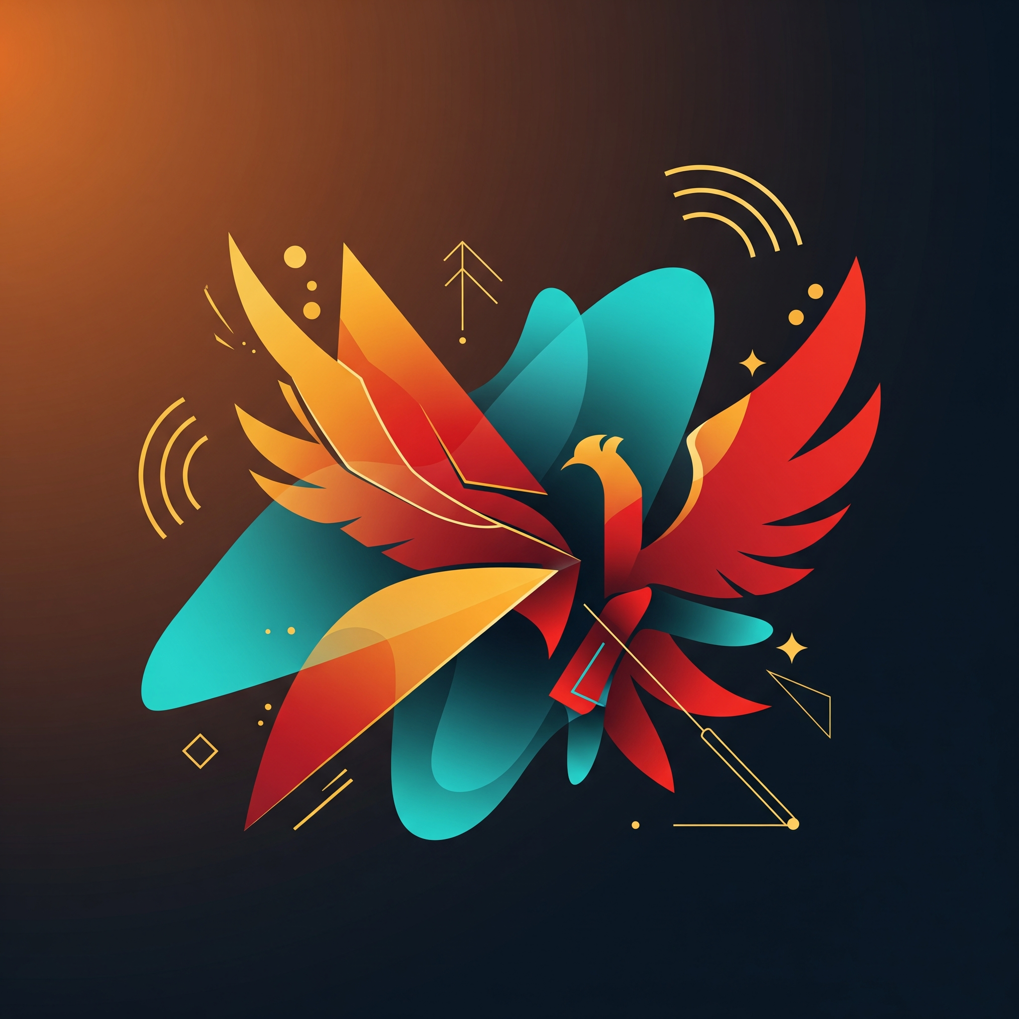 Abstract digital artwork with vibrant flying shapes and lines in colors of red, orange, yellow, turquoise, and blue against a dark background.