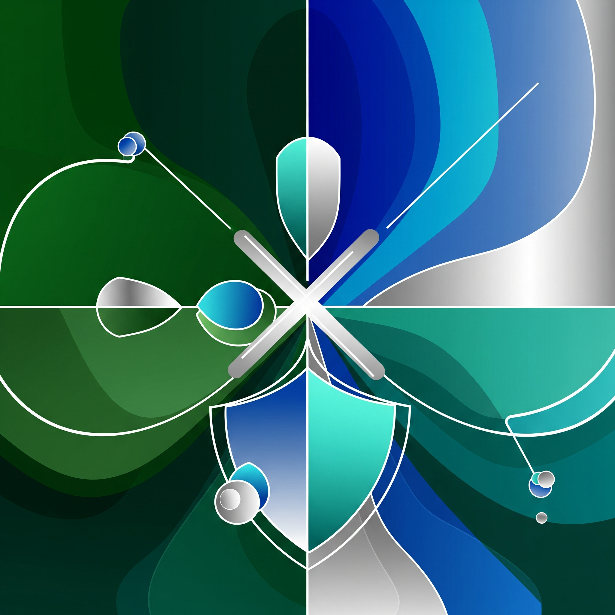 A symmetrical, abstract digital artwork divided into four quadrants with a color gradient: green on the left, white in the center, and blue on the right. The design features overlapping curved shapes, lines, and circles, creating a flowing, modern pattern.